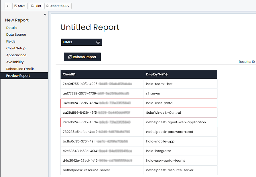 Screenshot of the Report preview